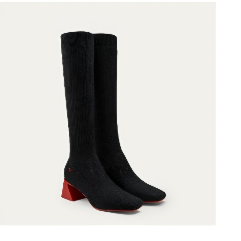 Black Over-the-Knee Boots with Red Block Heel